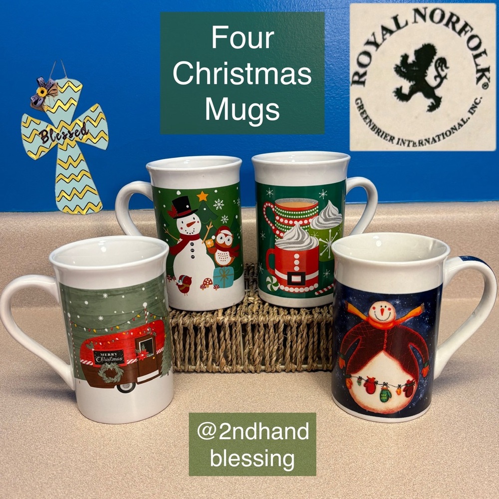 Four Royal Norfolk Christmas Mugs-Snowman/Birds, Hot Cocoa, RV, Snowman Mittens